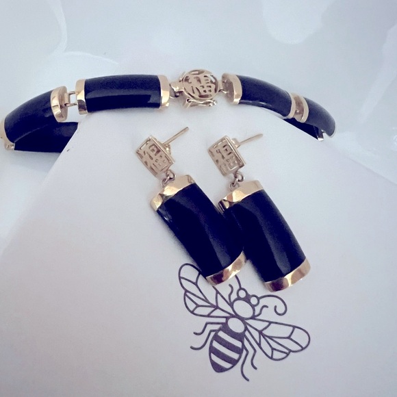 Good Luck 14k Gold Chinese Symbol and Onyx Panel Set 🌹 - Picture 1 of 7